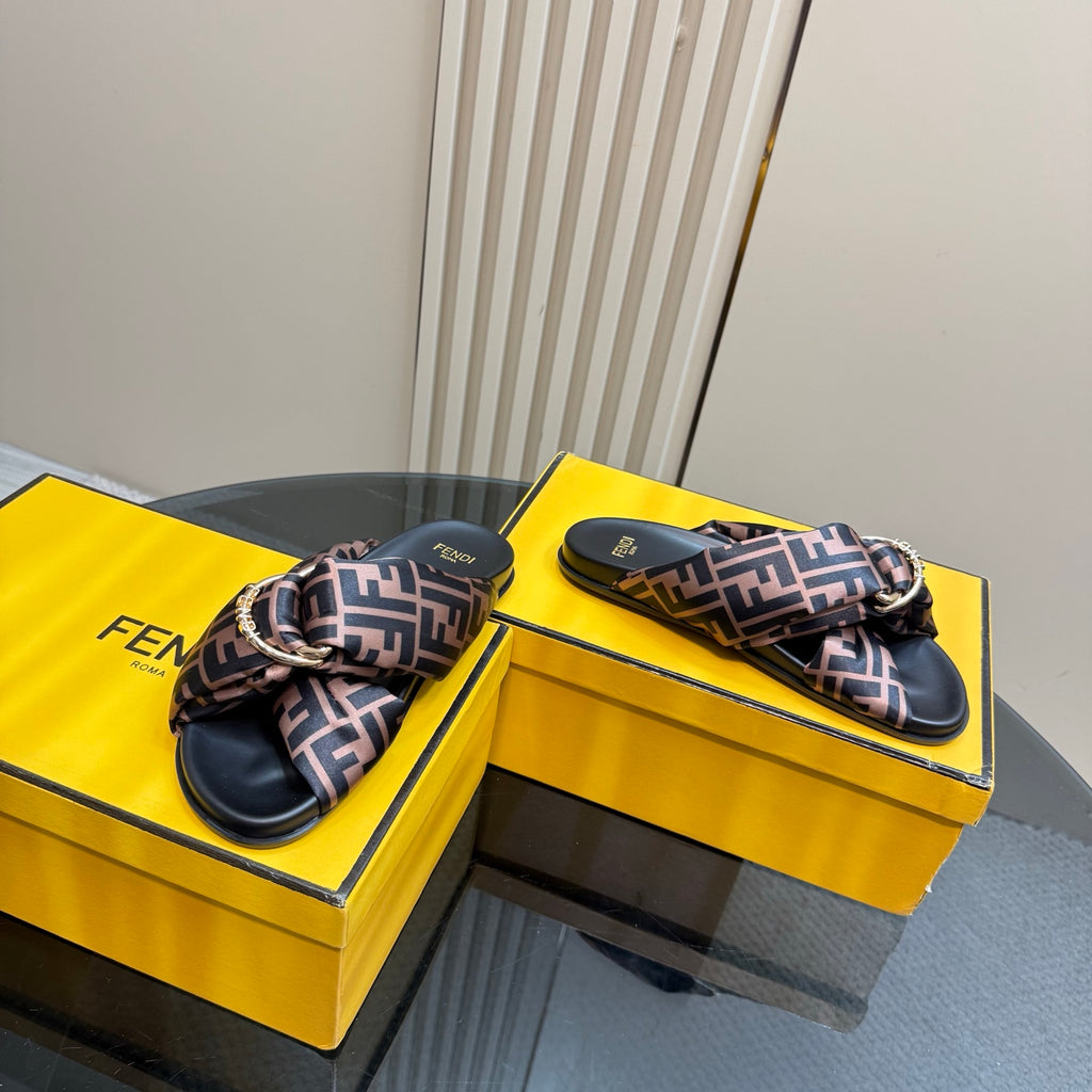 Fendi slide sandals on yellow boxes, FF logo straps with knotted front