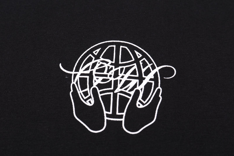Black crew-neck T-shirt with white outline globe-and-hands emblem on chest