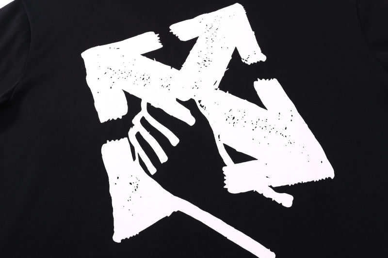 Black T-shirt with large white abstract graphic print on the front