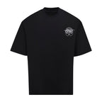 Black crew-neck T-shirt with small white emblem logo on the chest