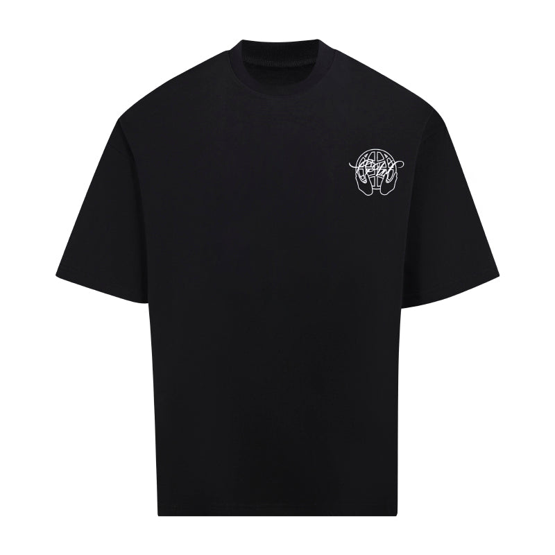 Black crew-neck T-shirt with small white emblem logo on the chest
