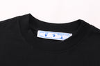 Black crew-neck T-shirt neckline with printed brand tag inside collar