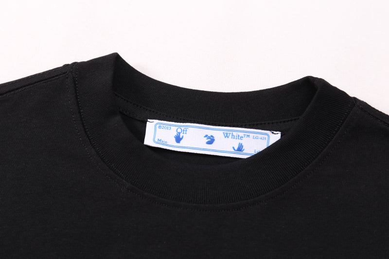 Black crew-neck T-shirt neckline with printed brand tag inside collar