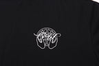 Black T-shirt with small white outline emblem logo on the chest