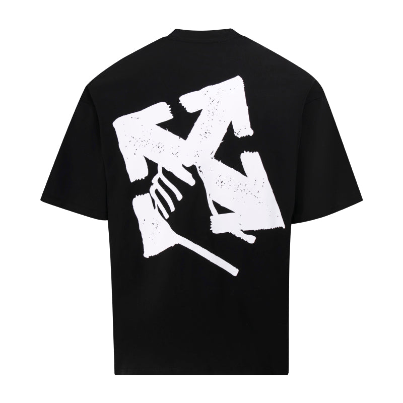 Black crew-neck T-shirt with large white graphic print on the back