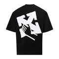 Black crew-neck T-shirt with large white graphic print on the back