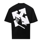 Black crew-neck T-shirt with large white graphic print on the back