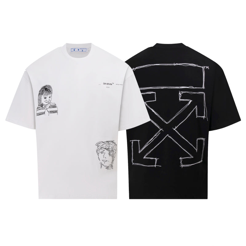 Two T-shirts, white and black, each with line-art face and back-frame graphic