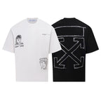 Two T-shirts, white and black, each with line-art face and back-frame graphic
