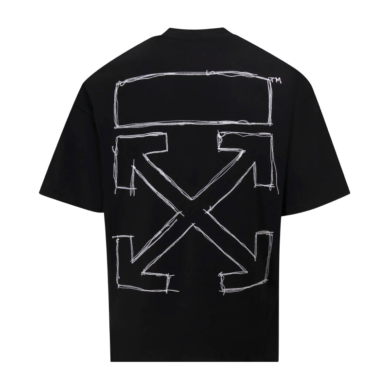Black T-shirt with large back sketch graphic in a square frame and X motif