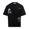 Black T-shirt with front sketch graphic of a girl and face print accents