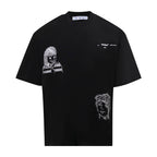 Black T-shirt with front sketch graphic of a girl and face print accents