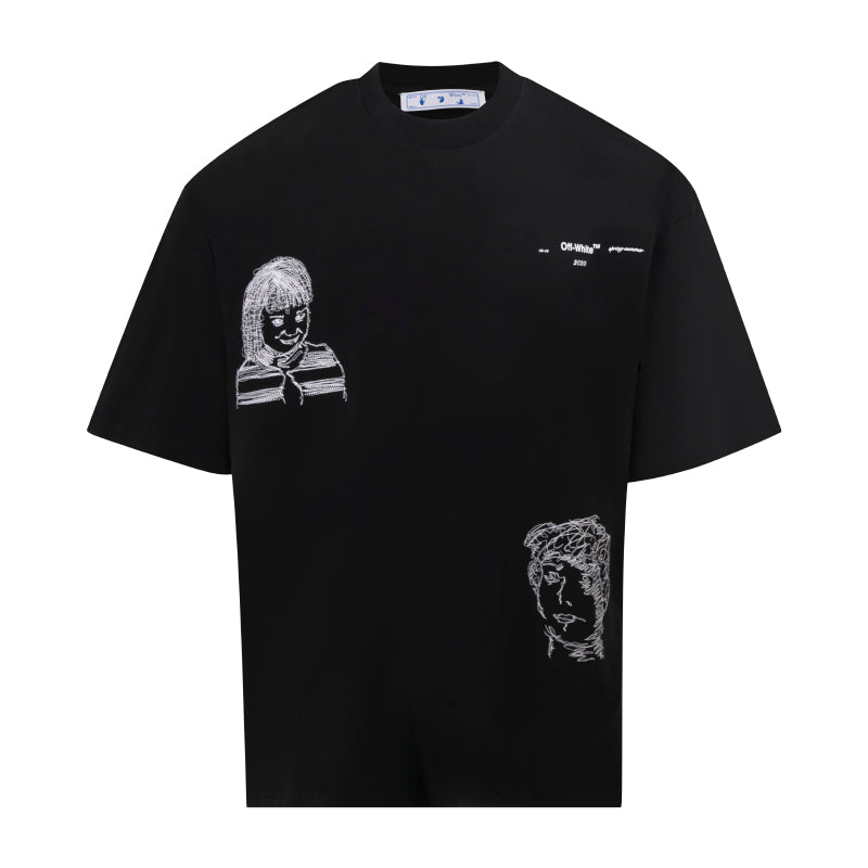 Black T-shirt with front sketch graphic of a girl and face print accents