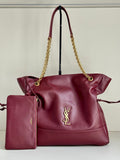 YSL quilted tote bag in burgundy leather with gold chain handles and YSL logo front