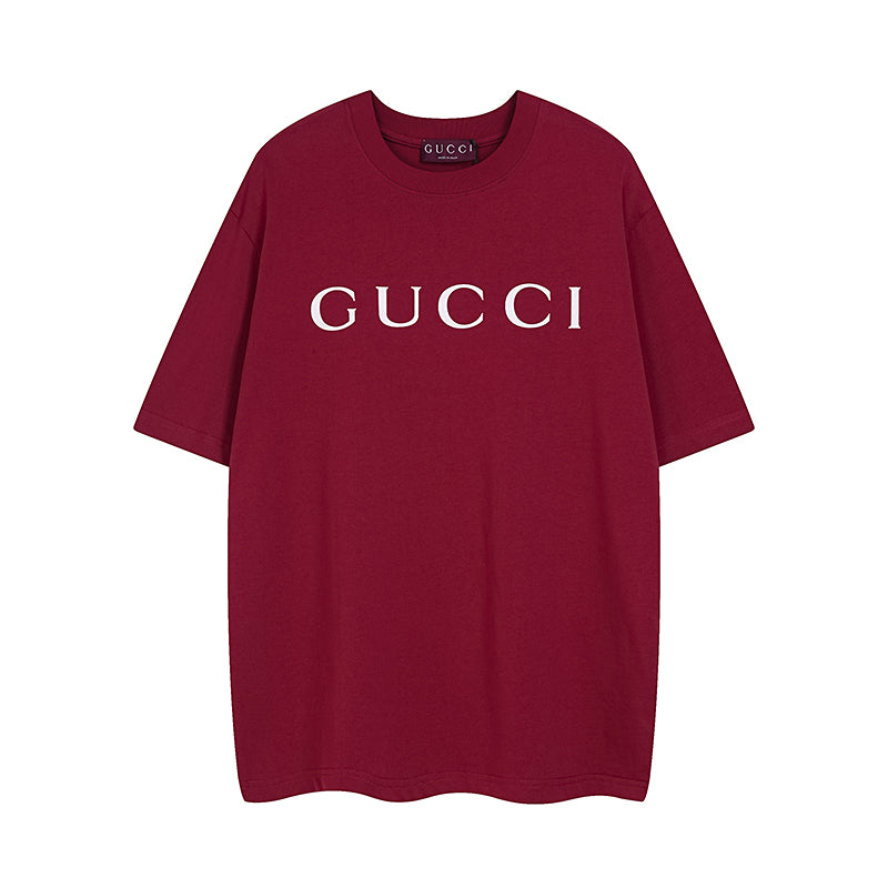 Burgundy Gucci T-shirt with large white GUCCI logo on front