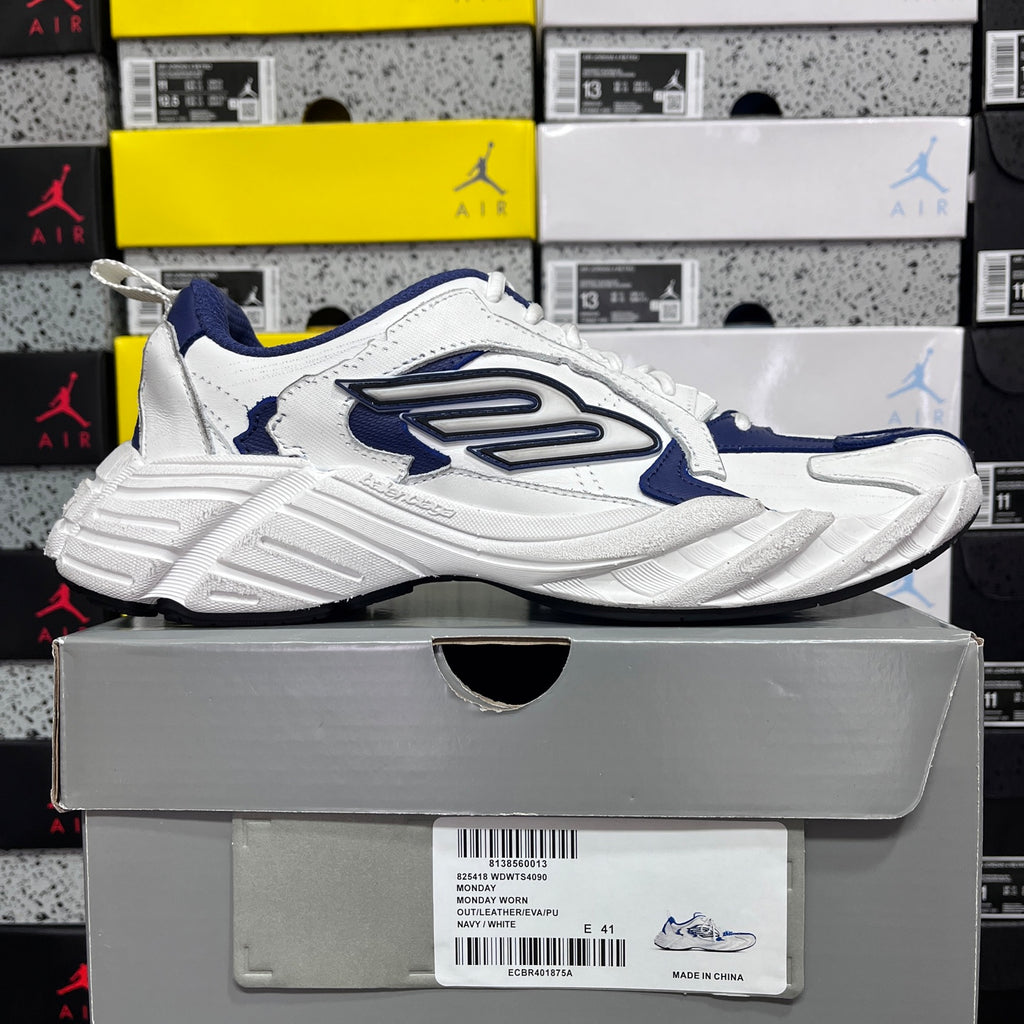 White and blue lace-up sneaker, side view, chunky ridged sole