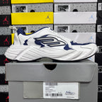 White and blue lace-up sneaker, side view, chunky ridged sole