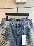 Blue denim shorts front view, button closure, drawstring, large front pockets