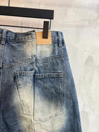 Blue denim shorts back/side view with double patch pockets and drawstring waist