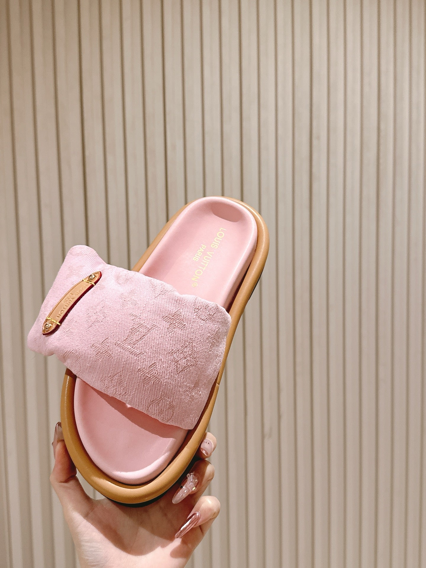 Louis Vuitton pink fabric slide sandals with gold-tone buckle, tan rubber sole