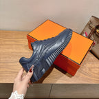 Hermes unisex dark blue sneakers, lace-up upper with ribbed midsole and tread