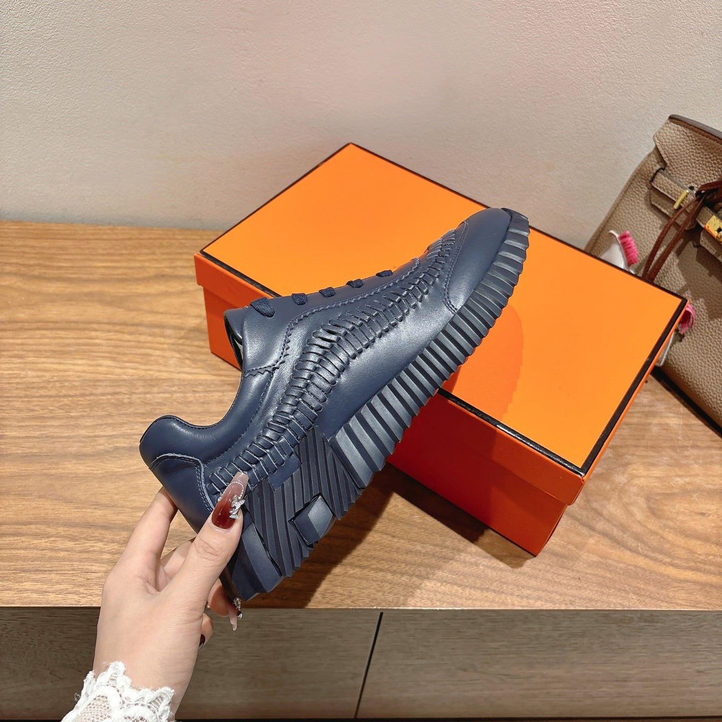 Hermes unisex dark blue sneakers, lace-up upper with ribbed midsole and tread