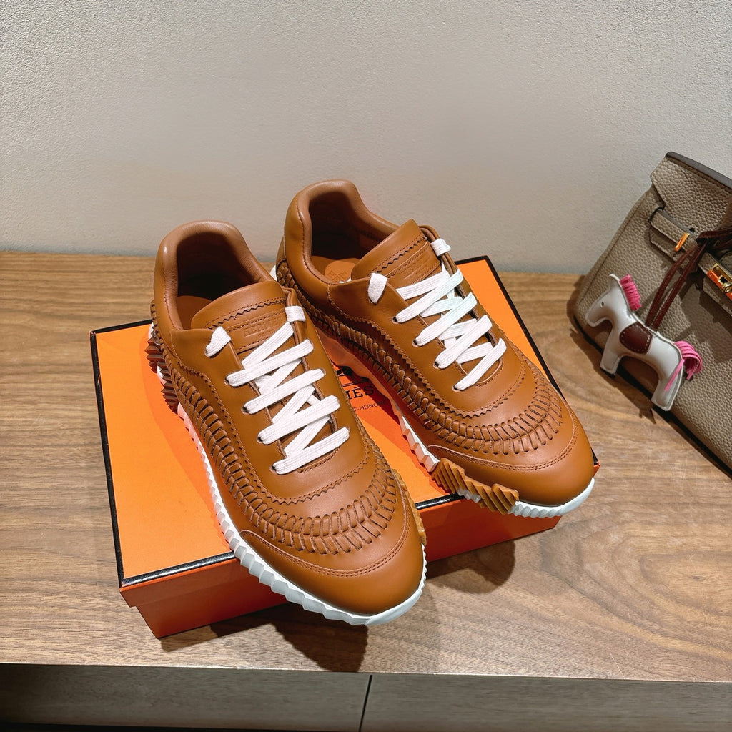 Hermes unisex leather sneakers, tan leather with white laces and scalloped side stitching