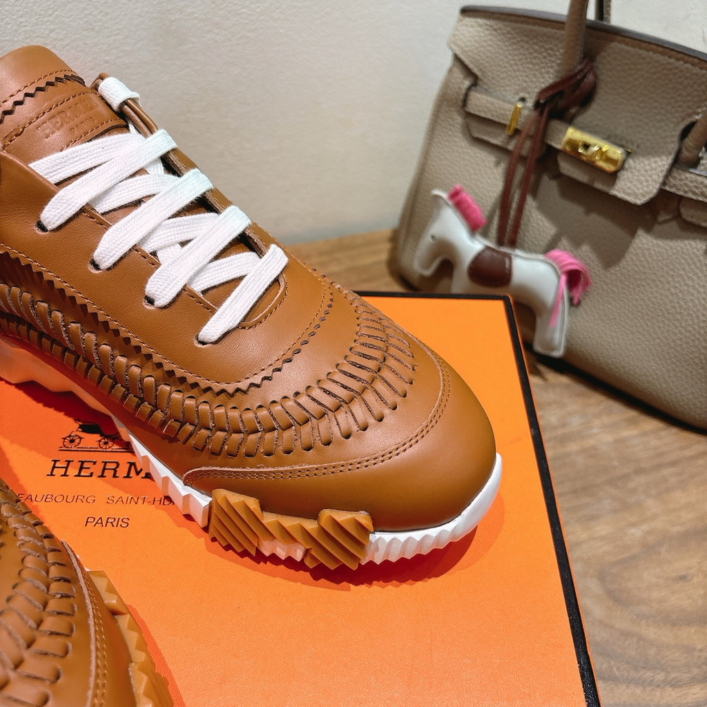 Hermes unisex leather sneaker, tan with white laces and textured braid-like panel detail