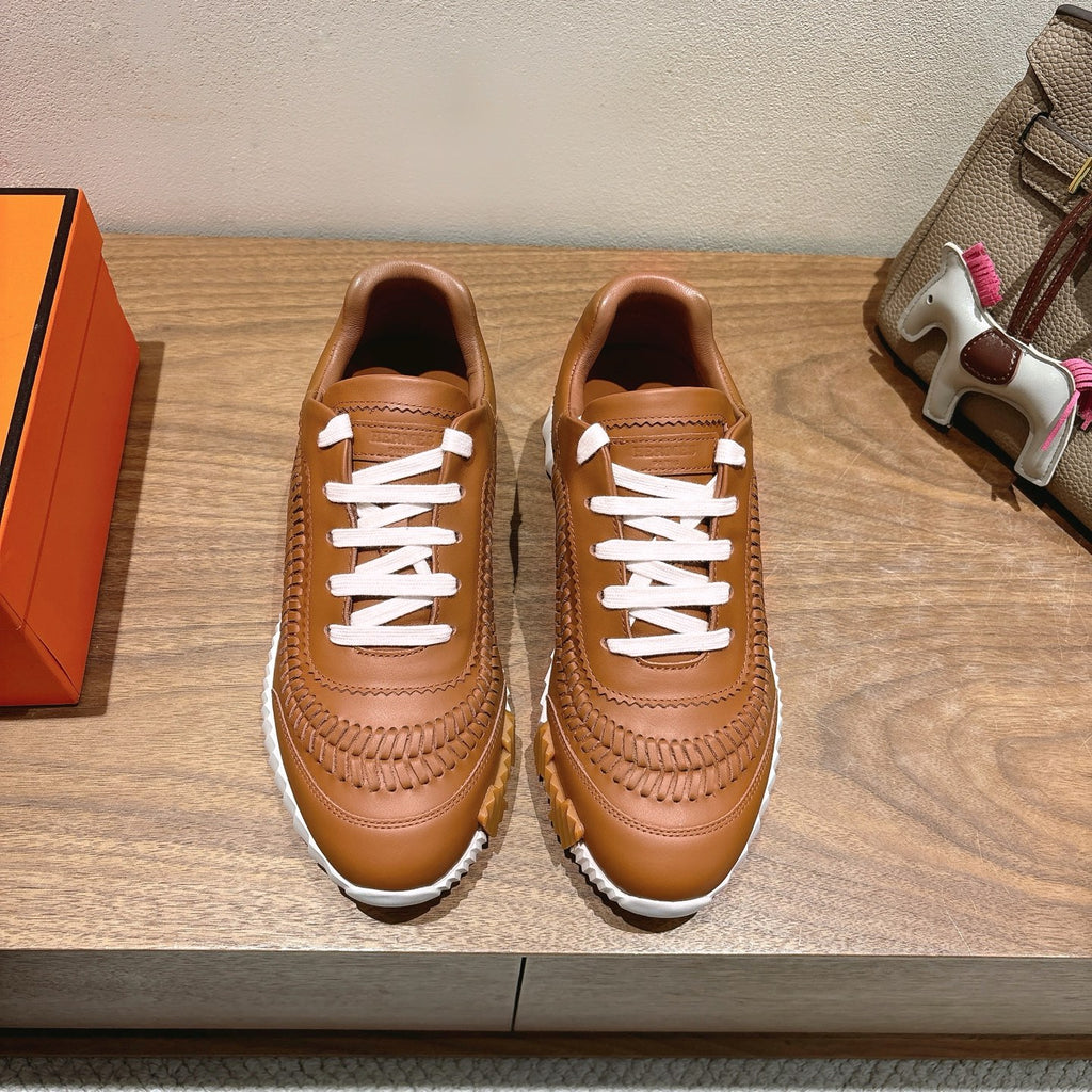 Hermes unisex leather sneakers, tan/brown with white laces and ridged white sole