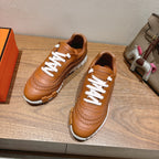 Hermes unisex leather sneakers, tan with white laces and chunky white platform sole