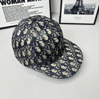 Geometric monogram baseball cap, navy and beige, curved brim with top button