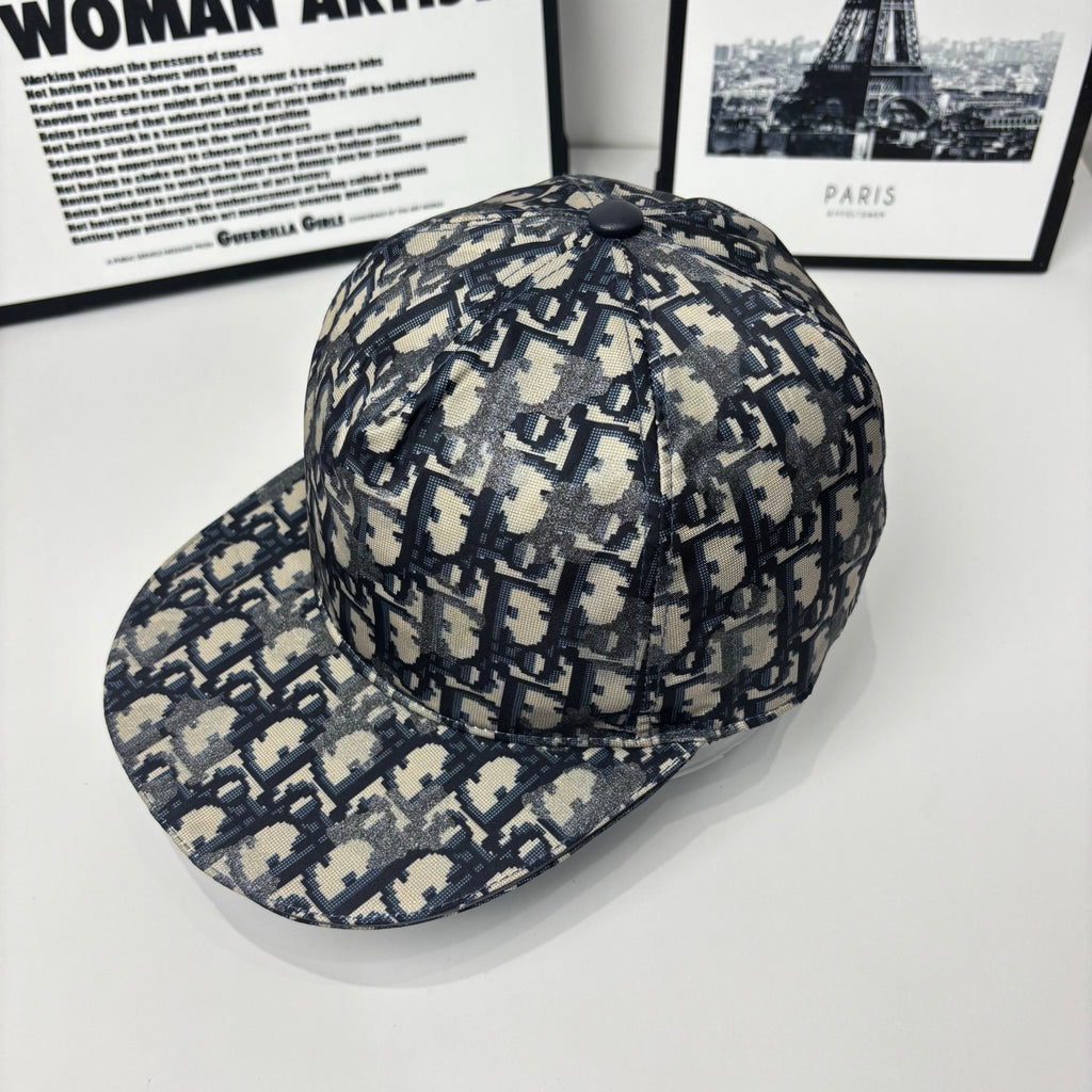 Geometric monogram baseball cap, navy and beige, curved brim and button top