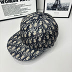 Geometric monogram baseball cap, navy and beige, curved brim and button top