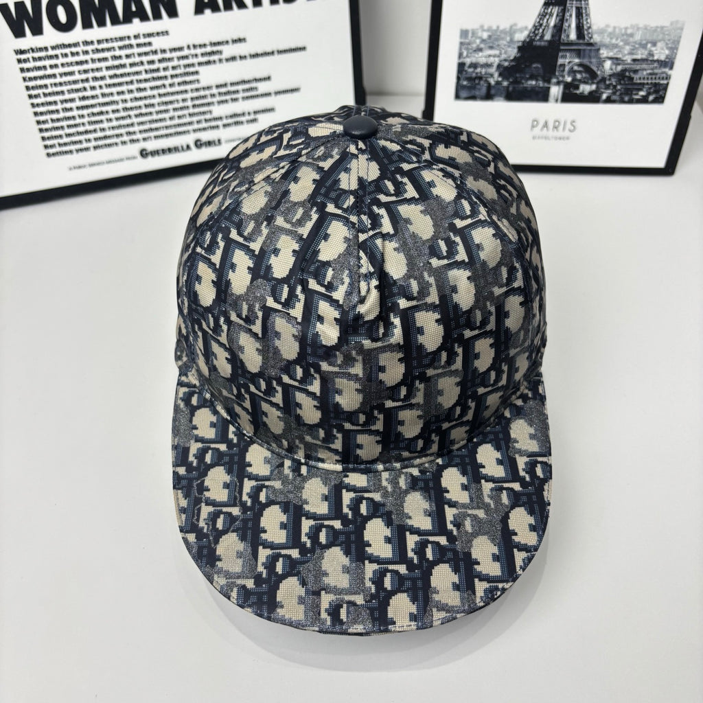 Geometric monogram baseball cap in navy and beige, with adjustable back strap