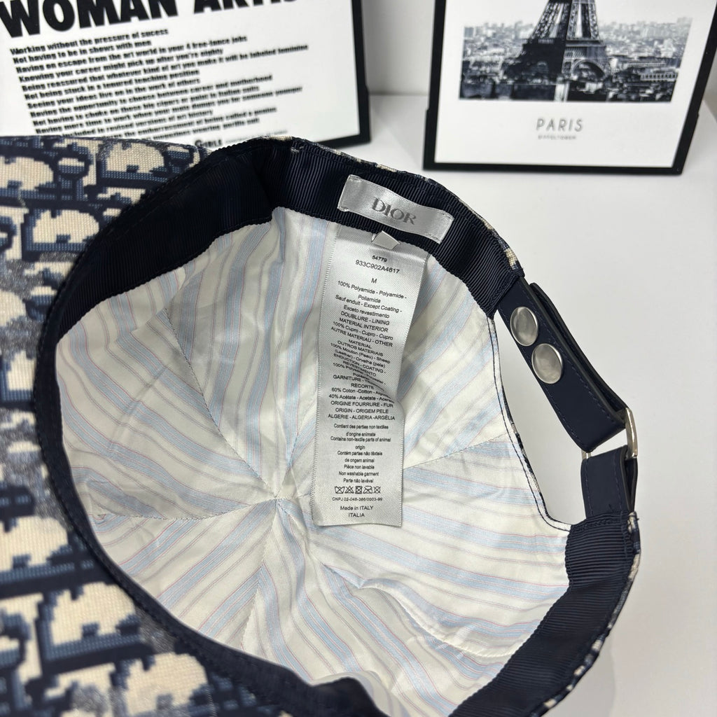 Dior cap interior with striped lining and DIOR label