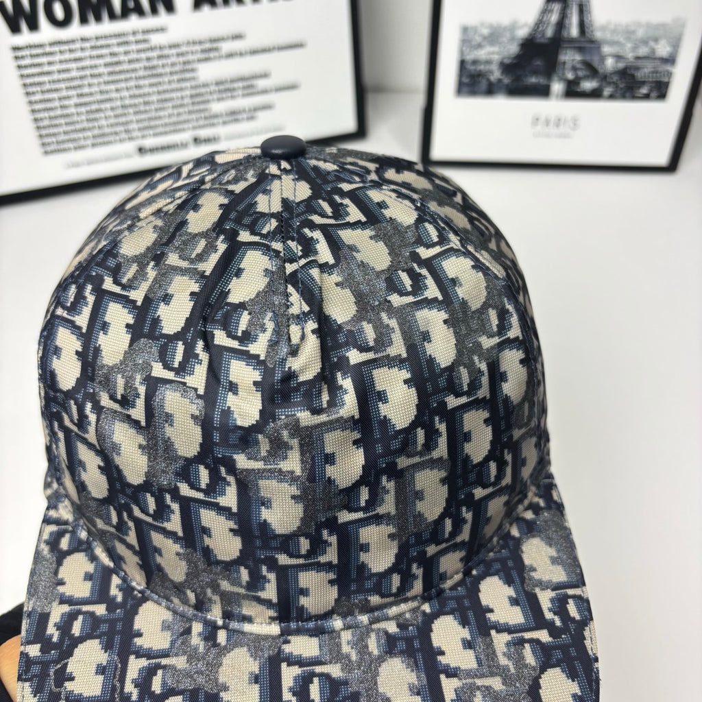 Geometric monogram baseball cap back panel with center seam and top button