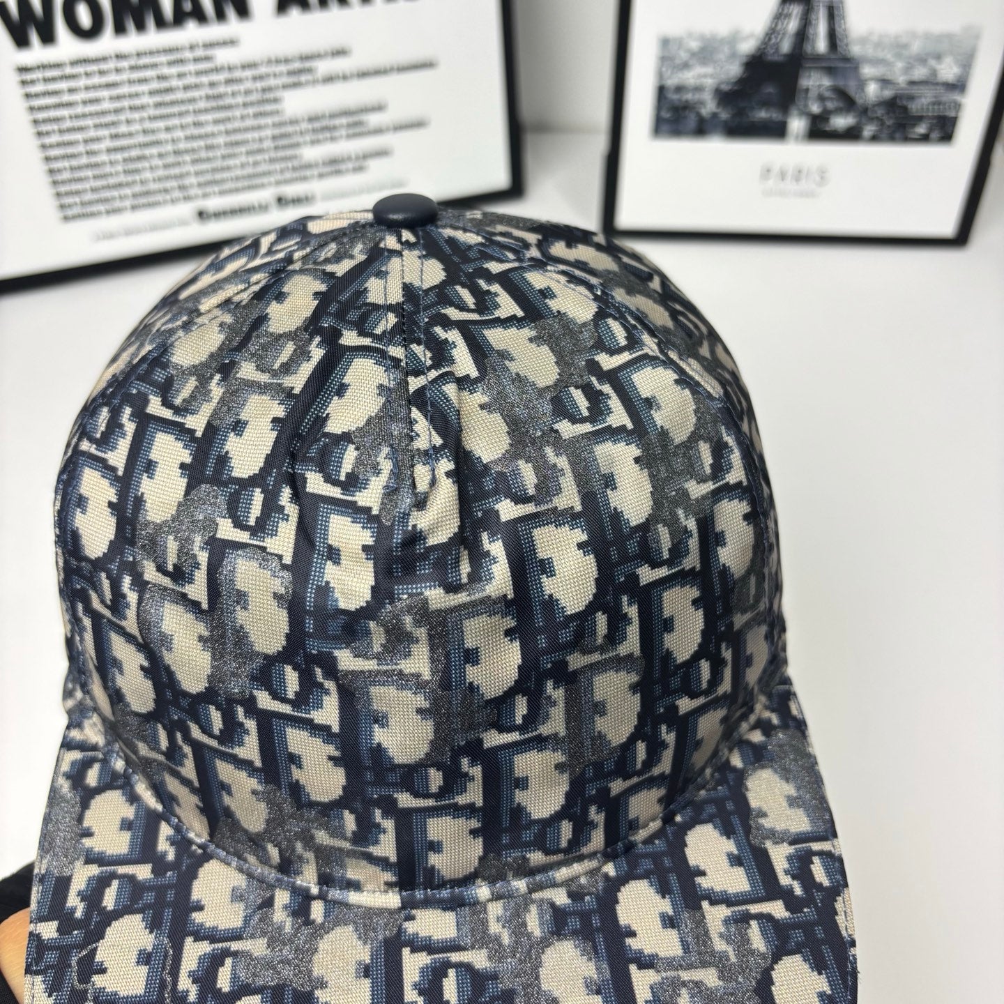 Geometric monogram baseball cap back panel with center seam and top button