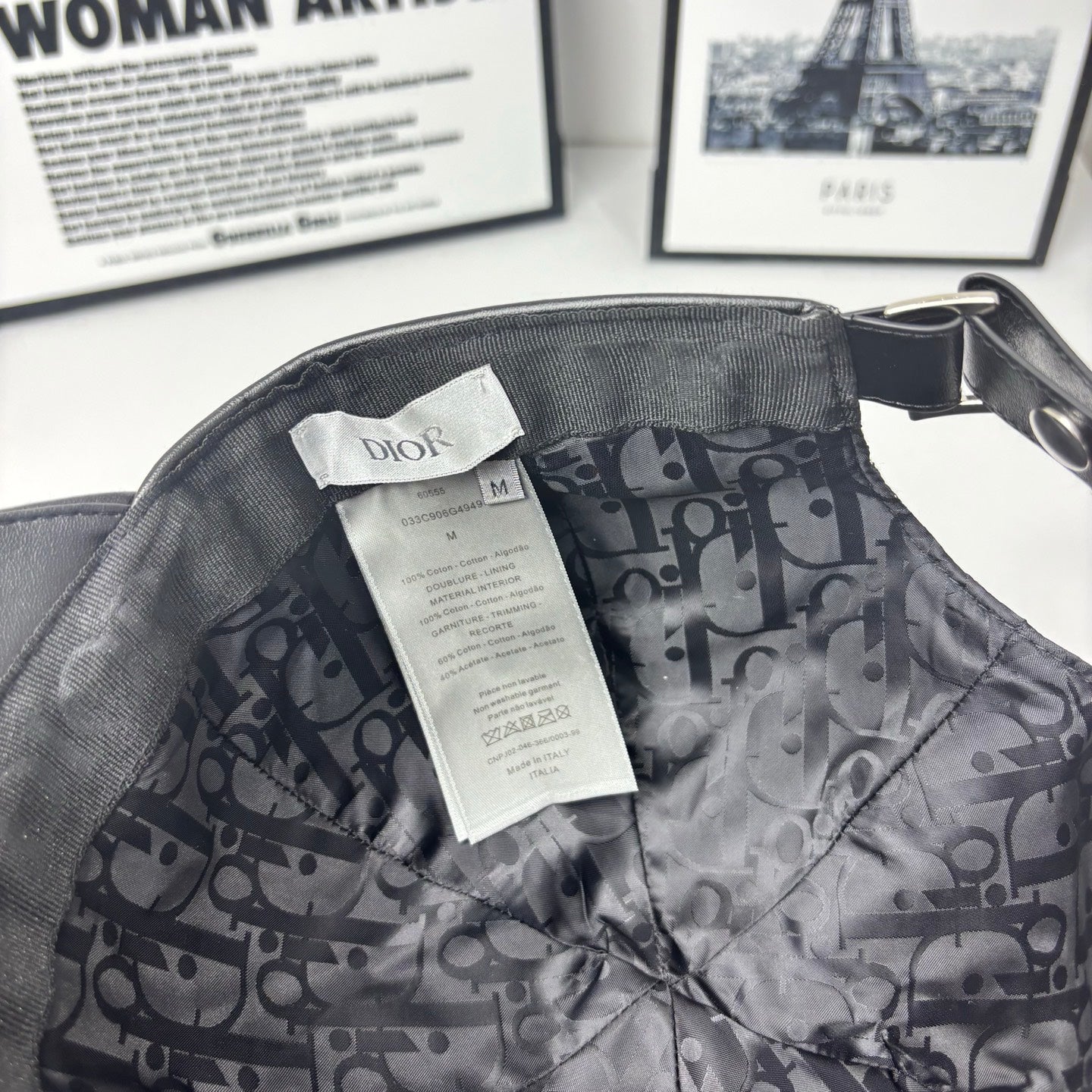 Dior cap interior lining with Dior label and size tag