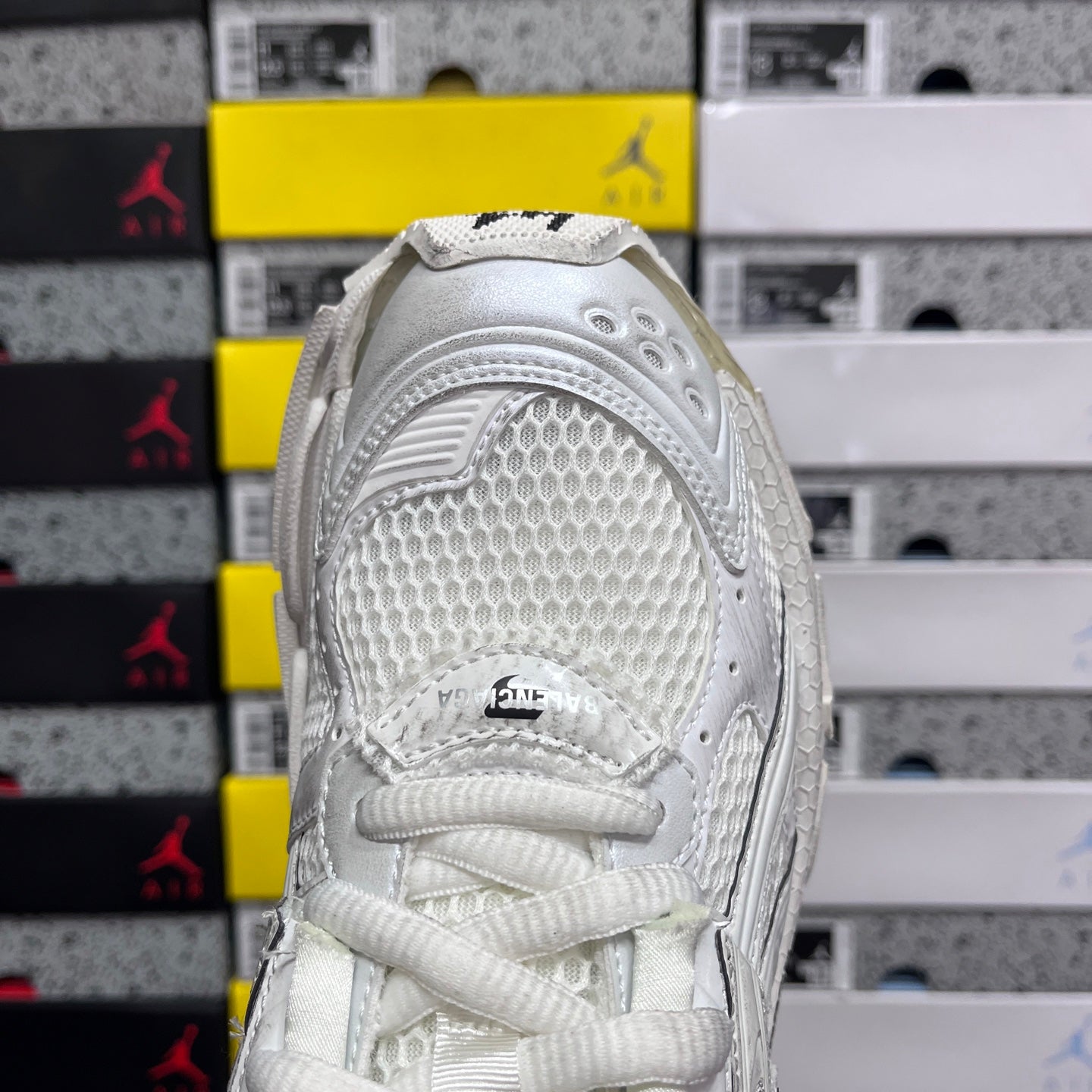 Balenciaga white mesh Runner sneakers, heel view with lace-up strap