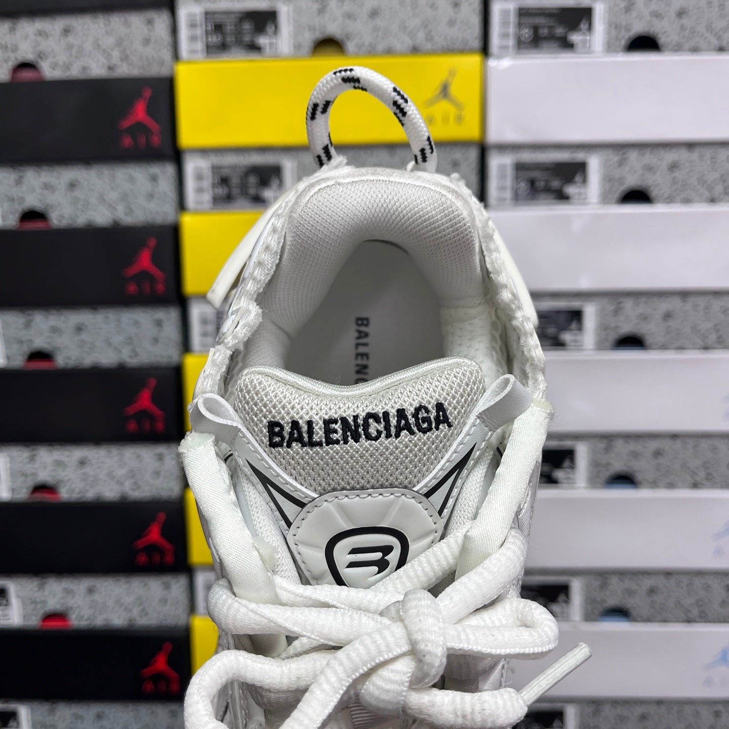 Balenciaga white Runner sneakers, tongue label and Balenciaga heel logo