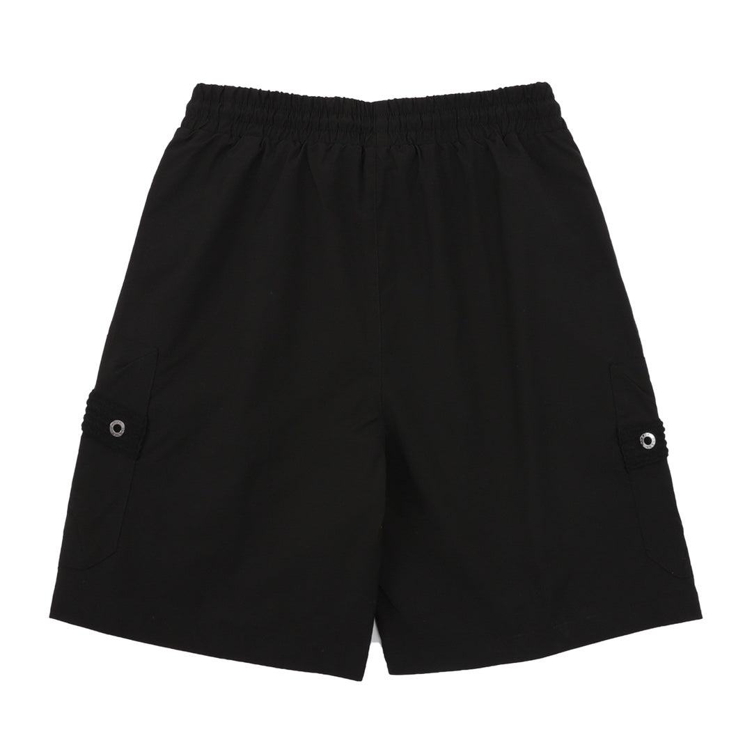Black Prada drawstring shorts with elastic waistband and rear pockets
