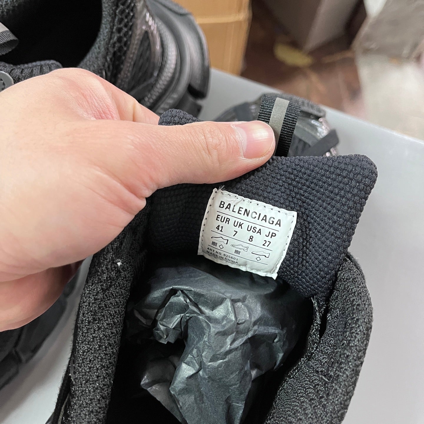 Black Balenciaga unisex sneaker size label inside, EUR 41 on fabric tongue