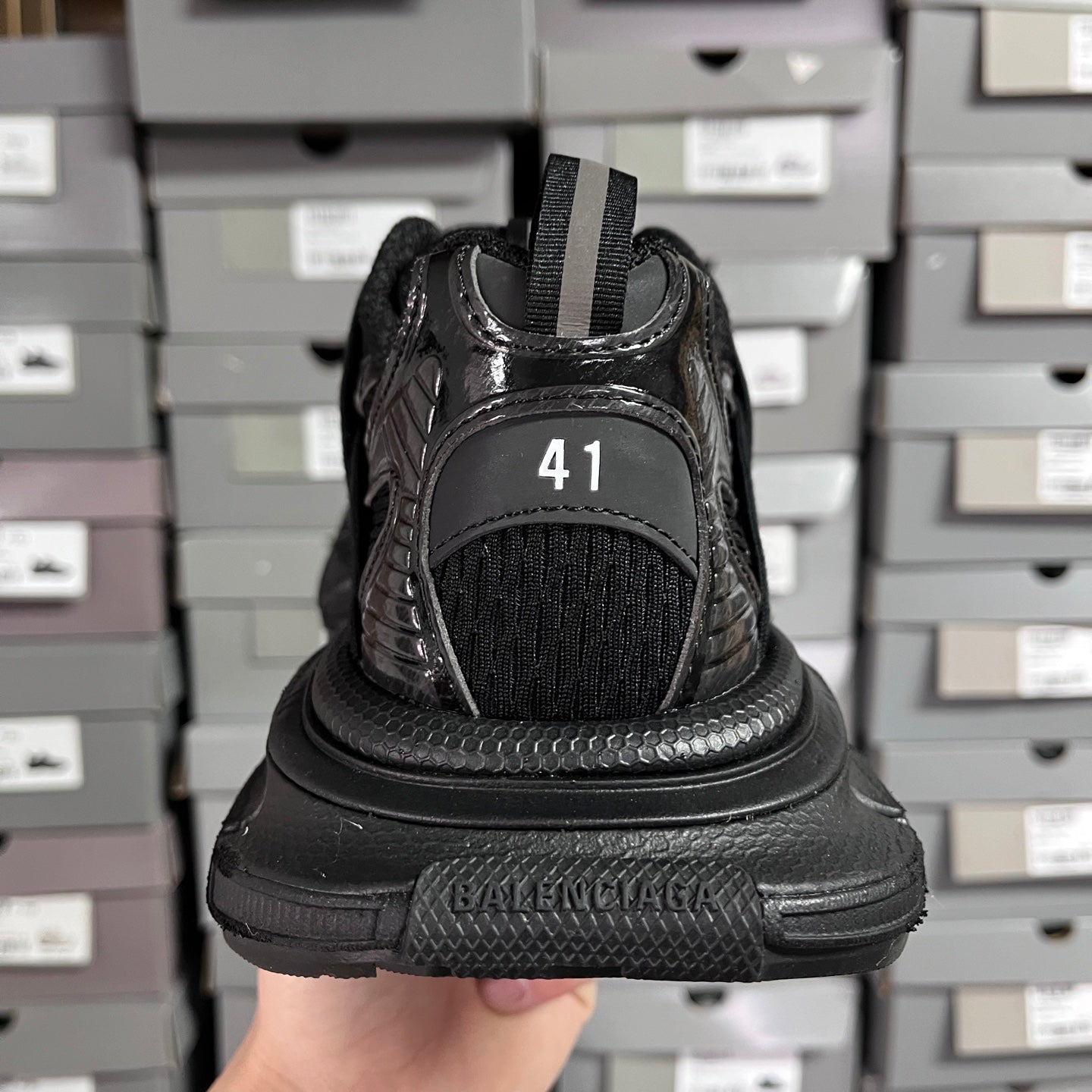Black Balenciaga unisex sneaker heel with size 41 marking and padded sole