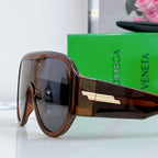 Brown-tinted sunglasses with dark side frame and gold-tone bridge bar