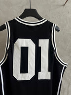 Black basketball jersey front with large white 01 number graphic and white trim