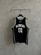 Black basketball jersey with white trim stripes and Balenciaga 01 front graphic