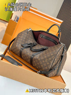 Men's satchel with monogram canvas; open top shows burgundy interior and zip pocket.