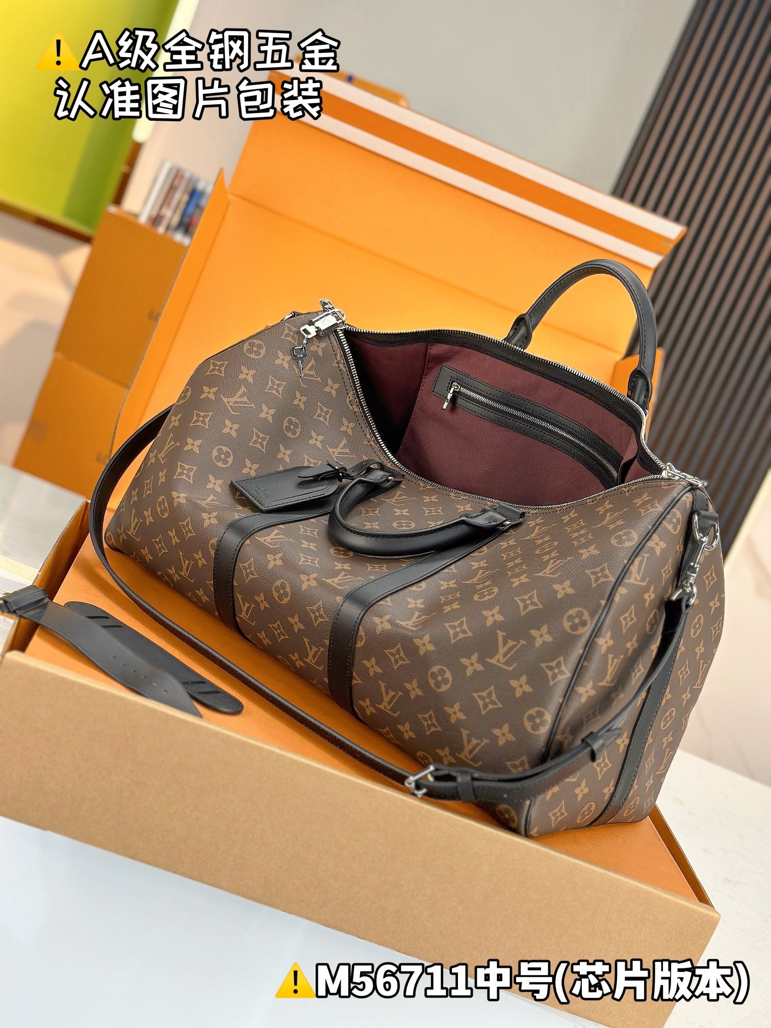 Men's satchel with monogram canvas; open top shows burgundy interior and zip pocket.