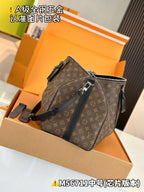 Men's satchel with monogram print, zipper top, and adjustable shoulder strap; structured body.