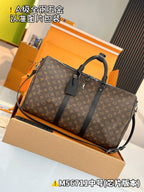 Men's satchel with monogram pattern, top handles, and black shoulder strap; zipper closure.